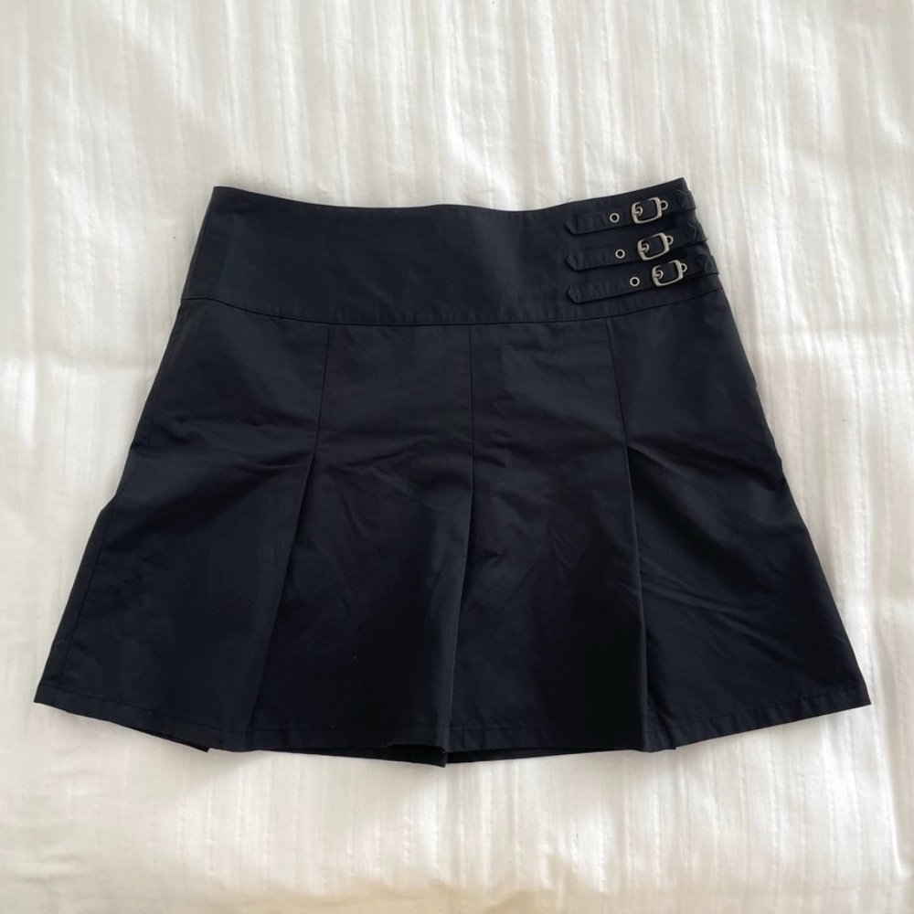 Dark Navy Belted Pleated Mini Skirt
